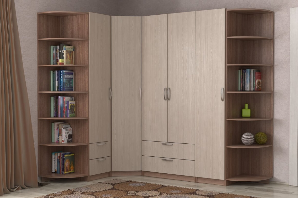 Угловой бежевый матовый 5-дверный распашной шкаф №398 с боковыми полками на заказ